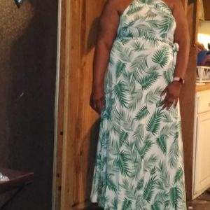 Green and white halter dress